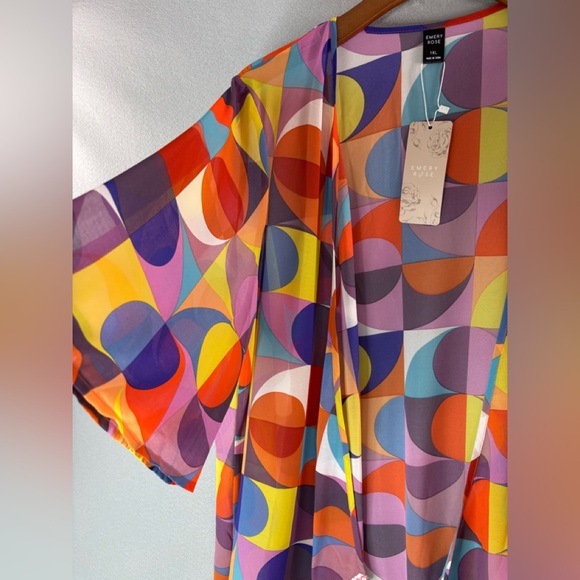 Emery Rose 1X Swim Coverup Colorful Geometric Kimono with Tassels - Picture 4 of 9